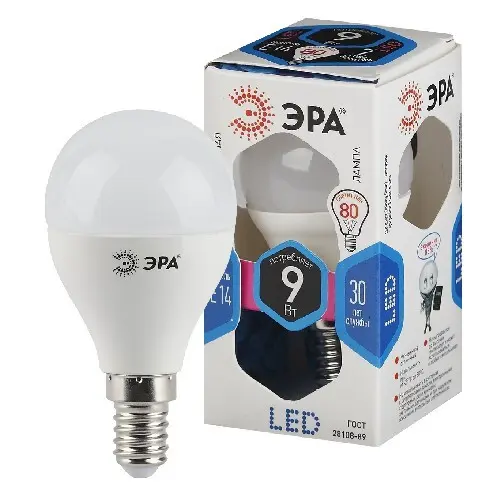 Лампочка светодиодная ЭРА STD LED P45-9W-840-E14 9Вт шар нейтральный белый свет