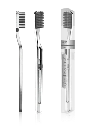 Фото для Зубная щетка DENTISSIMO (ДЕНТИССИМО) toothbrush SILVER (хромированная ручка + черная жесткая щетин