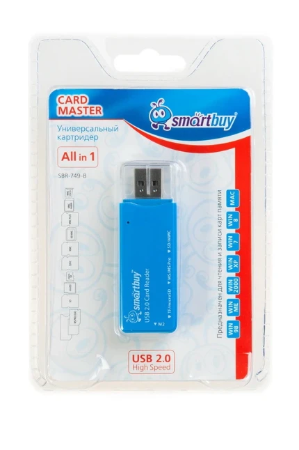 Фото для Картридер USB 2.0 Smartbuy SD/microSD/MS/M2 749 голубой (SBR-749-B)