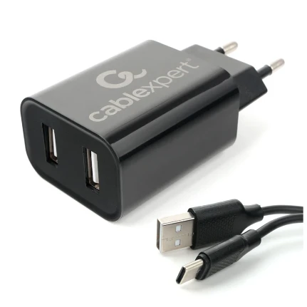 Фото для Зарядное устройство сетевое 2хUSB 2.4A Cablexpert MP3A-PC-37 черный + кабель 1м Type-C
