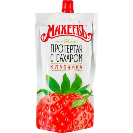 Фото для Ягоды протертые Махеевъ 300гр Клубника протертая с сахаром дой пак с дозатором*16