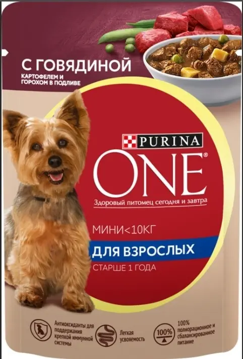 Purina ONE MINI м/п д/ взрослых собак, с говядиной, картофелем и горохом в подливе 85 гр