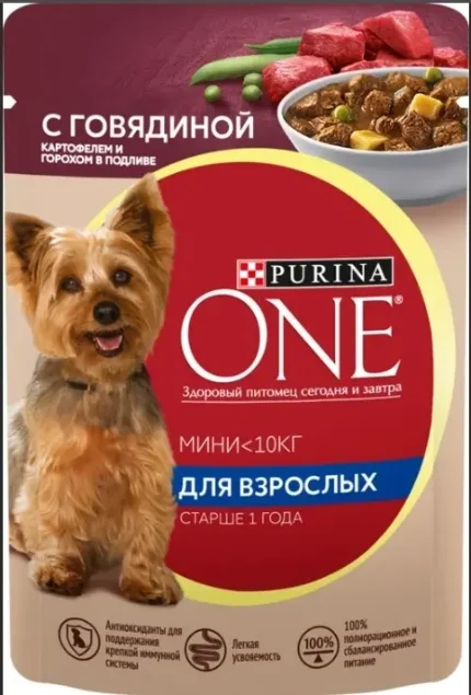 Фото для Purina ONE MINI м/п д/ взрослых собак, с говядиной, картофелем и горохом в подливе 85 гр