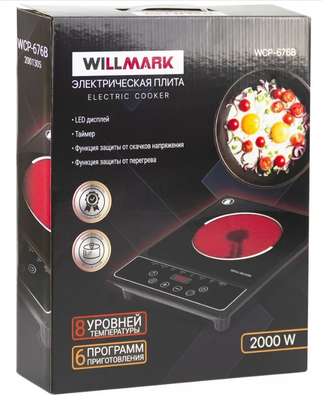 Плита стеклокер WILLMARK WCP-805BT (2200Вт,1 конф,10 уровней темп.,8 программ,сенс.панель)