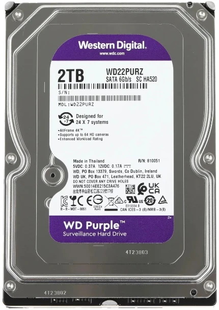 Фото для Жесткий диск SATA 2TB WD22PURZ, 6 Гбит/с, 5400 об/мин, кэш память - 256 МБ, RAID Edition