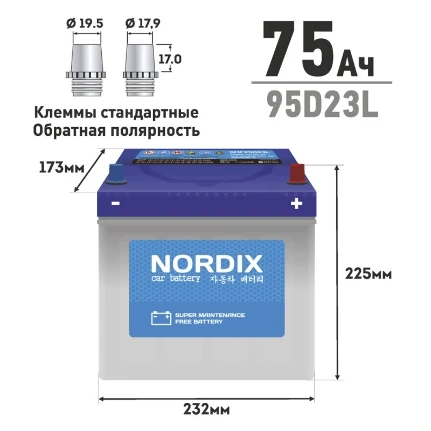 Фото для Аккумулятор Nordix 95D23L, 75Ач, CCA 650А, необслуживаемый