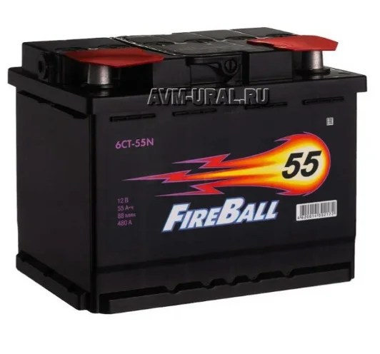 Аккумулятор 55 Ач FIRE BALL 6СТ-55 R обратная полярность, минус слева, толстые клеммы 243х170х185мм