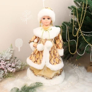 Фото для Фигурка декоративная Снегурочка в золотистом наряде с пайетками текстиль 41см