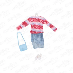 Одежда для куклы красный свитер и джинсовая юбка