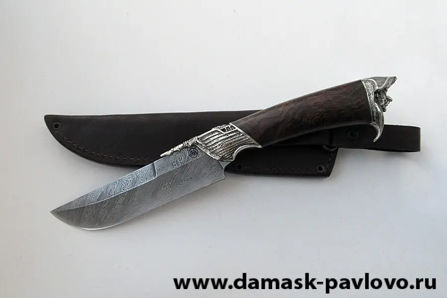 Нож "Кабан" дамасская сталь (худ.литьё мельхиор-пират)
