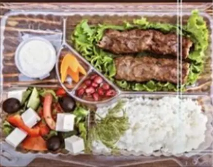 Комплексный обед. Обед с рисом: рис, люля-кебаб из говядины, салат "Греческий" с фетой", соус "Тар-Тар" 