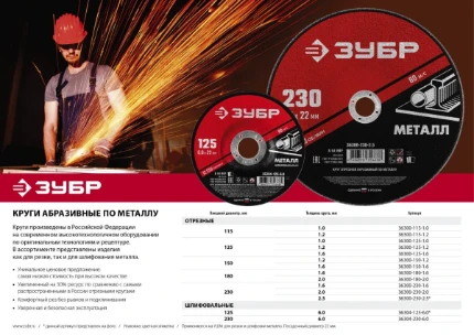 Фото для ЗУБР 230 x 6 х 22.2 мм, для УШМ, шлифовальный круг по металлу (36304-230-6.0)