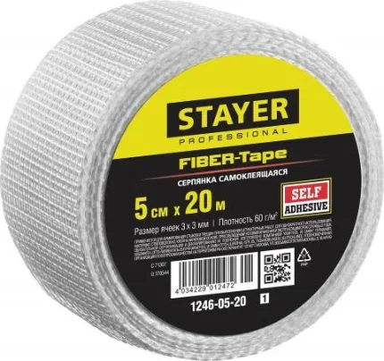 Фото для STAYER FIBER-Tape, 5 см х 20 м, 3 х 3 мм, самоклеящаяся серпянка, Professional (1246-05-20)