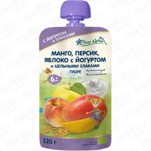 Фото для Пюре Fleur Alpine манго-персик-яблоко-йогурт-цельные злаки 120г с 6мес БЗМЖ