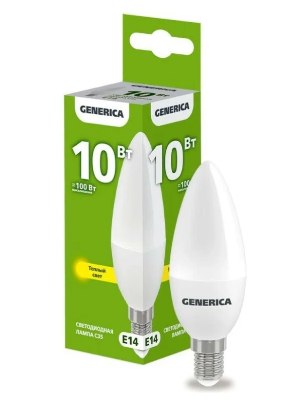
Лампа светодиодная С35 свеча 10Вт 230В 3000К Е14 GENERICA